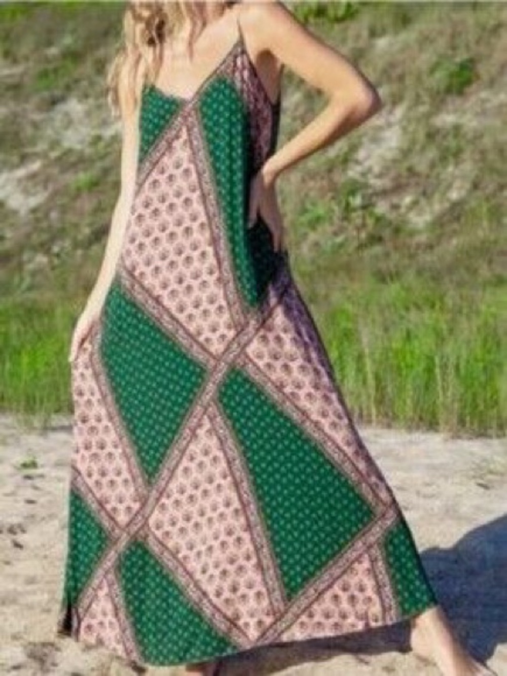 Natural Life green and pink patchwork print spaghetti strap maxi dress Large